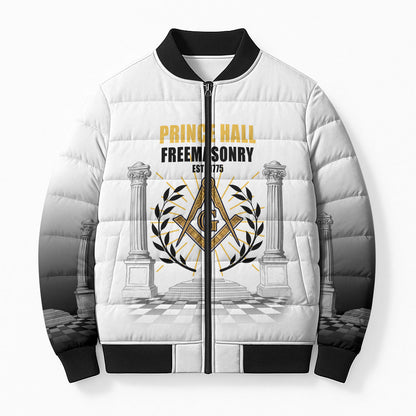 Personalized Prince Hall Freemasonry Bomber Puffer Jacket Masonic Square And Compass Vintage Gold Pillar Illustration