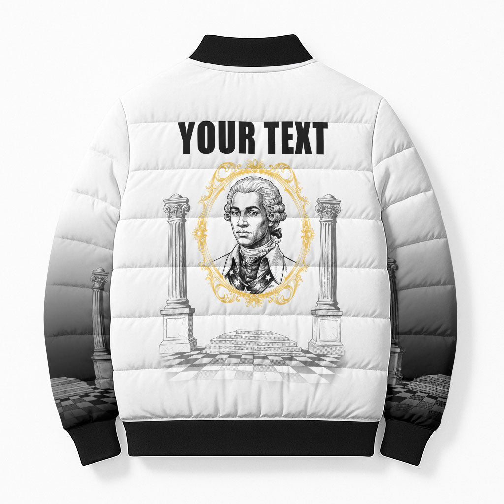 Personalized Prince Hall Freemasonry Bomber Puffer Jacket Masonic Square And Compass Vintage Gold Pillar Illustration