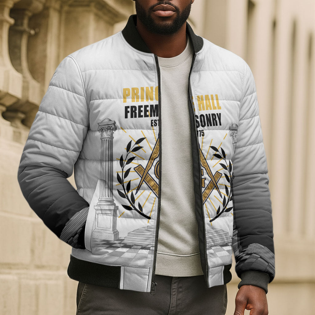 Personalized Prince Hall Freemasonry Bomber Puffer Jacket Masonic Square And Compass Vintage Gold Pillar Illustration