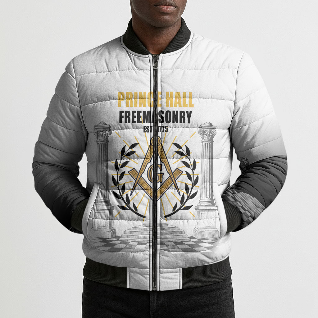 Personalized Prince Hall Freemasonry Bomber Puffer Jacket Masonic Square And Compass Vintage Gold Pillar Illustration