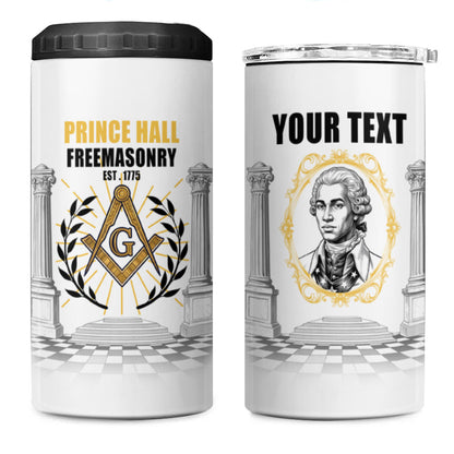 Personalized Prince Hall Freemasonry 4 in 1 Can Cooler Tumbler Masonic Square And Compass Vintage Gold Pillar Illustration