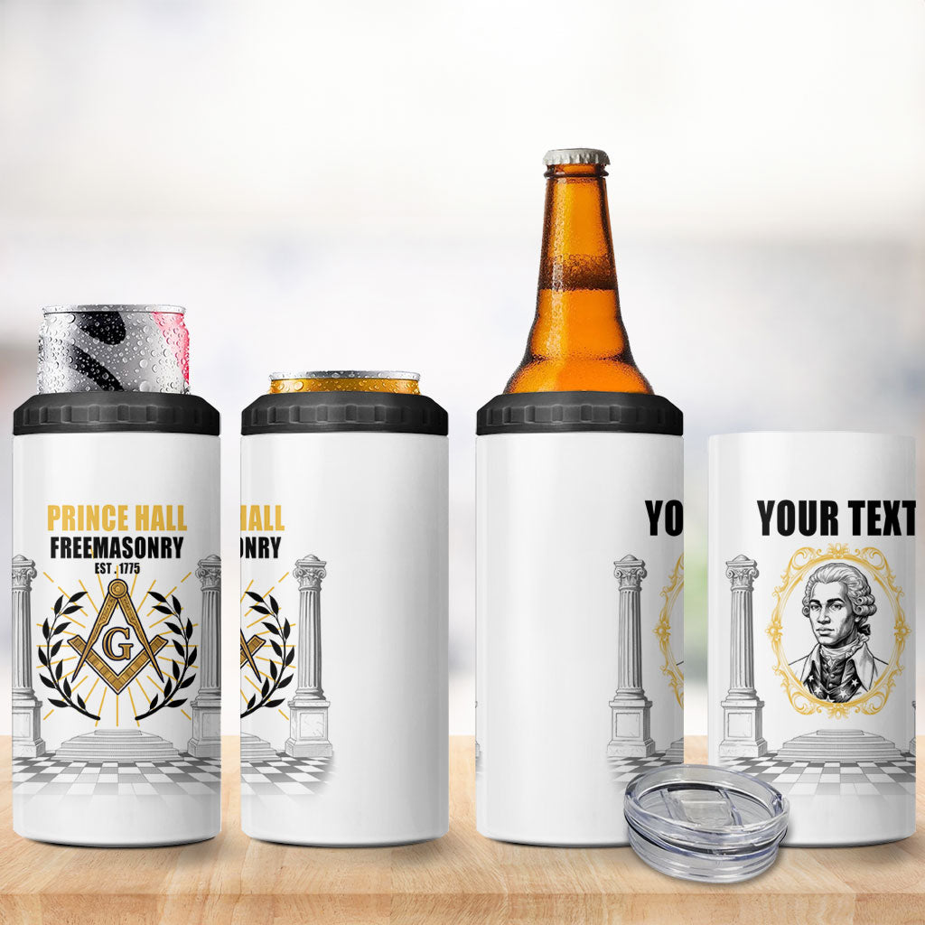 Personalized Prince Hall Freemasonry 4 in 1 Can Cooler Tumbler Masonic Square And Compass Vintage Gold Pillar Illustration