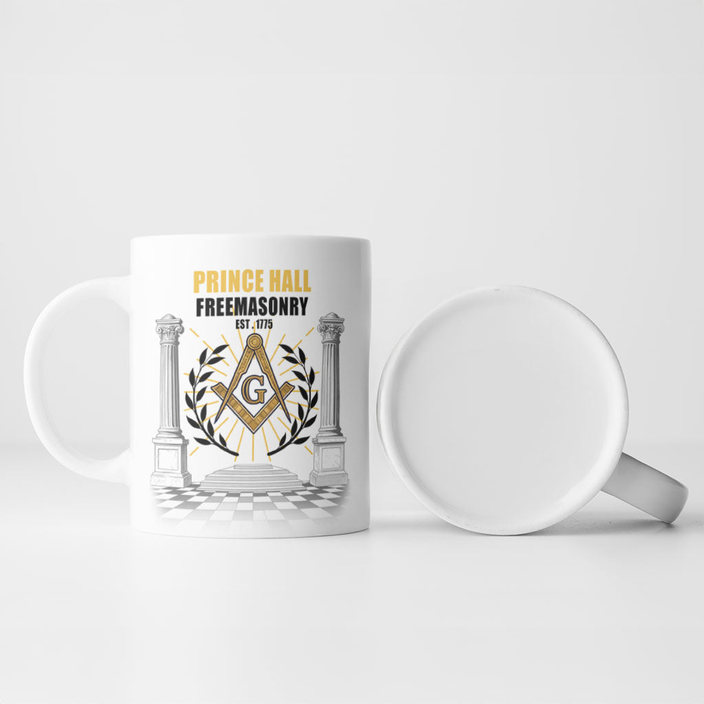Personalized Prince Hall Freemasonry Ceramic Mug Masonic Square And Compass Vintage Gold Pillar Illustration