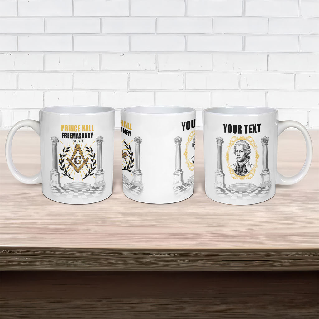 Personalized Prince Hall Freemasonry Ceramic Mug Masonic Square And Compass Vintage Gold Pillar Illustration