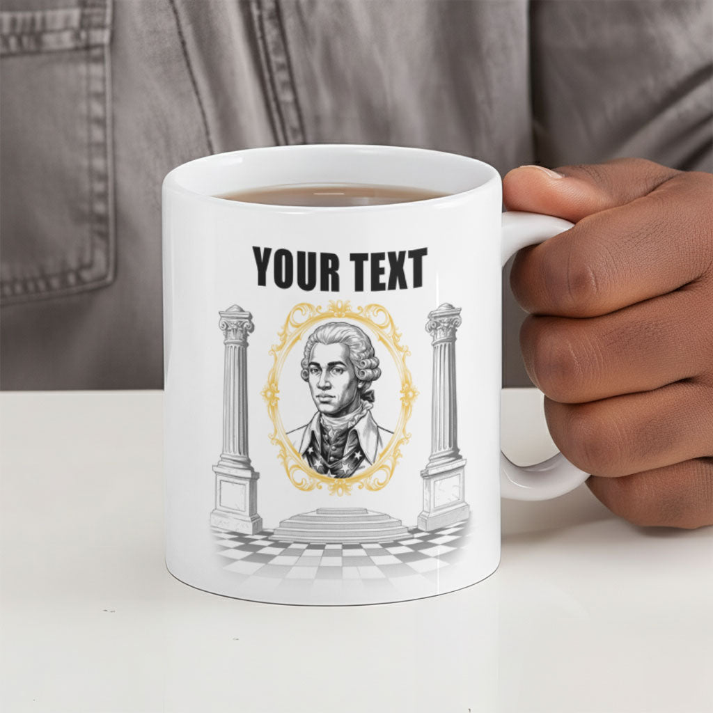 Personalized Prince Hall Freemasonry Ceramic Mug Masonic Square And Compass Vintage Gold Pillar Illustration