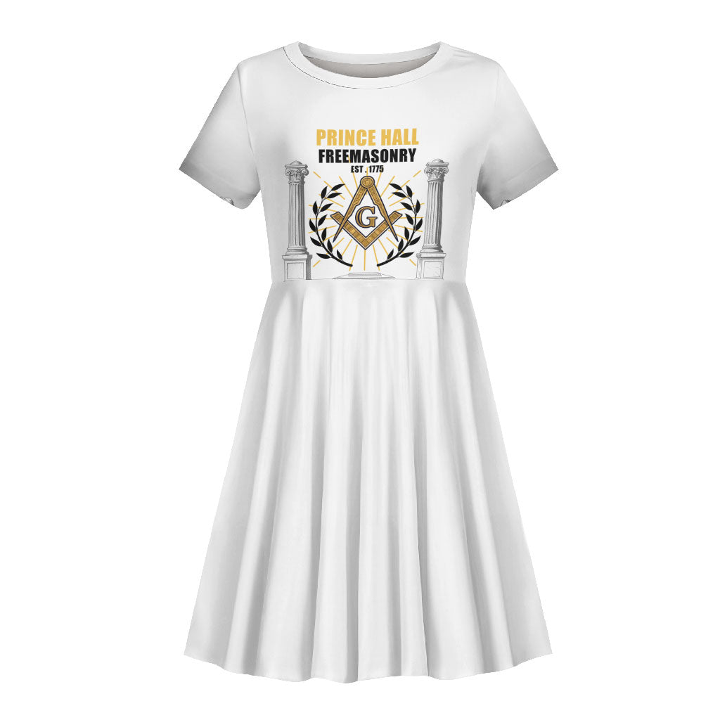 Personalized Prince Hall Freemasonry Kid Short Sleeve Dress Masonic Square And Compass Vintage Gold Pillar Illustration