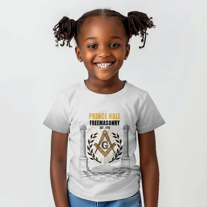 Personalized Prince Hall Freemasonry Kid T shirt Masonic Square And Compass Vintage Gold Pillar Illustration
