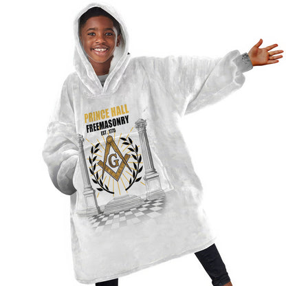 Personalized Prince Hall Freemasonry Kid Wearable Blanket Hoodie Masonic Square And Compass Vintage Gold Pillar Illustration