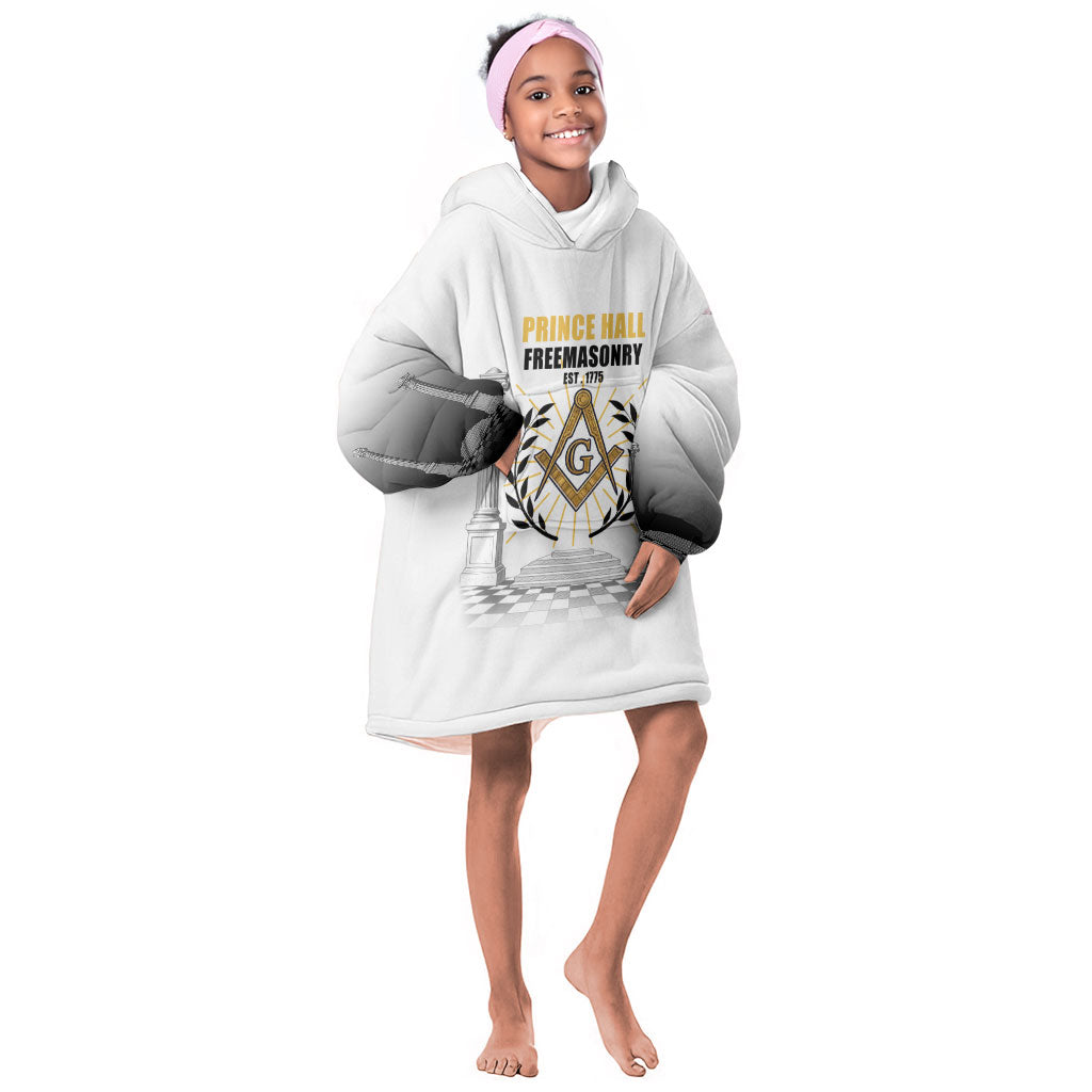 Personalized Prince Hall Freemasonry Kid Wearable Blanket Hoodie Masonic Square And Compass Vintage Gold Pillar Illustration