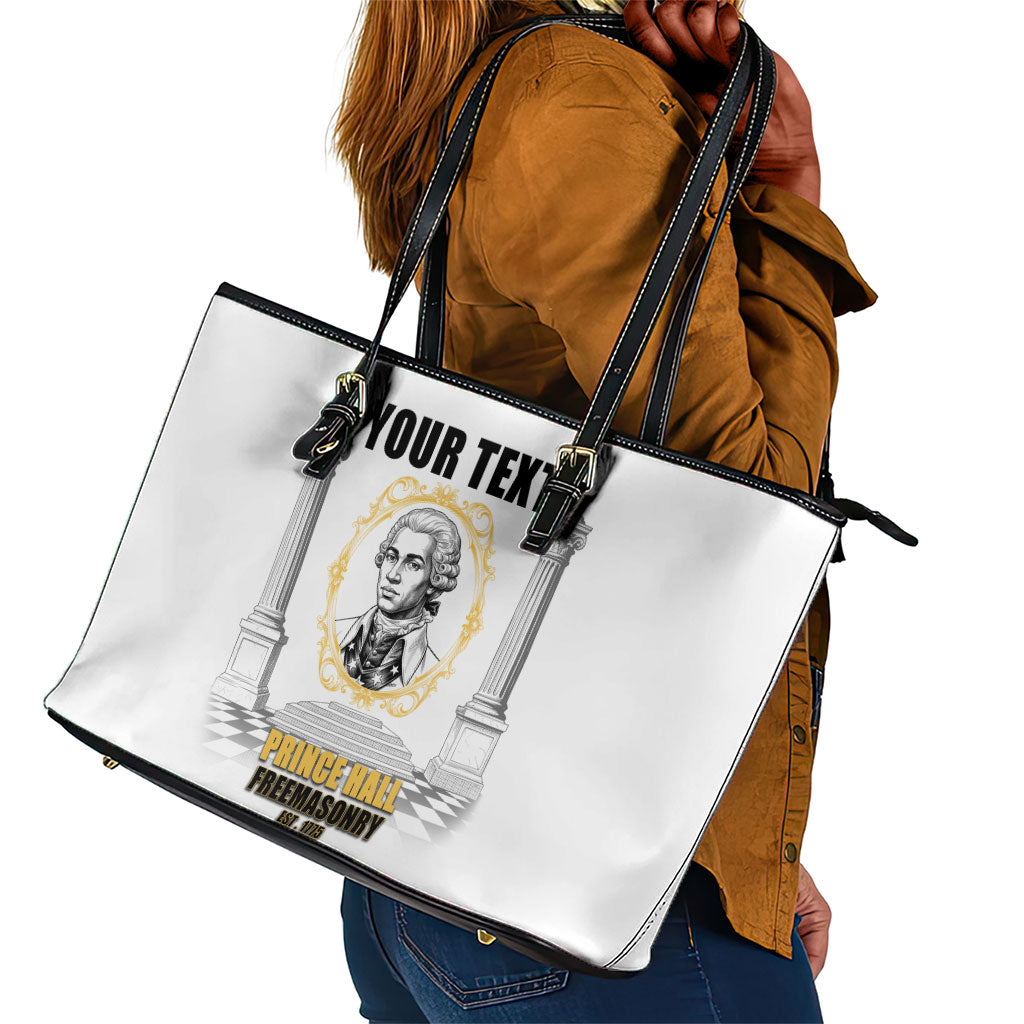 Personalized Prince Hall Freemasonry Leather Tote Bag Masonic Square And Compass Vintage Gold Pillar Illustration