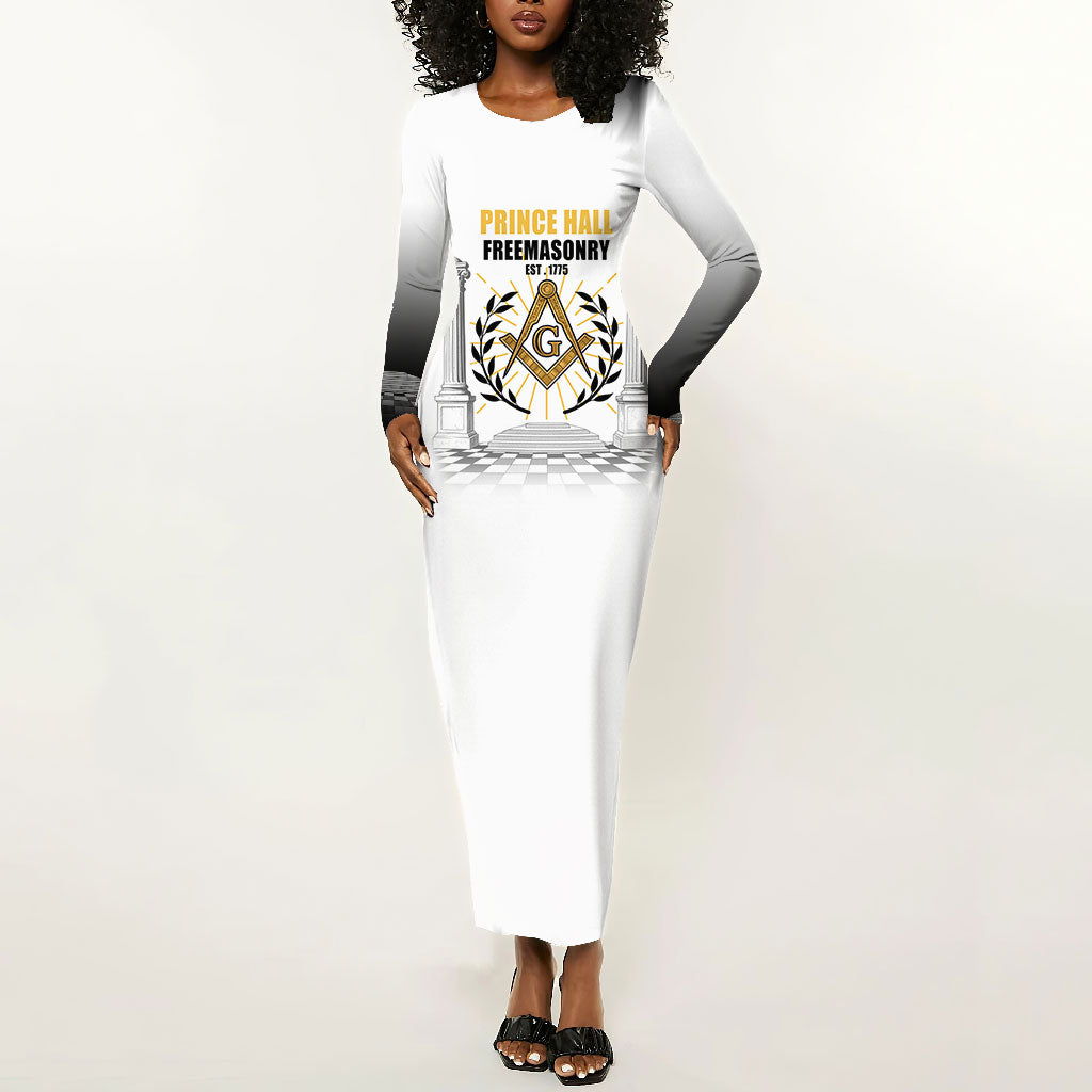 Personalized Prince Hall Freemasonry Long Sleeve Bodycon Dress Masonic Square And Compass Vintage Gold Pillar Illustration