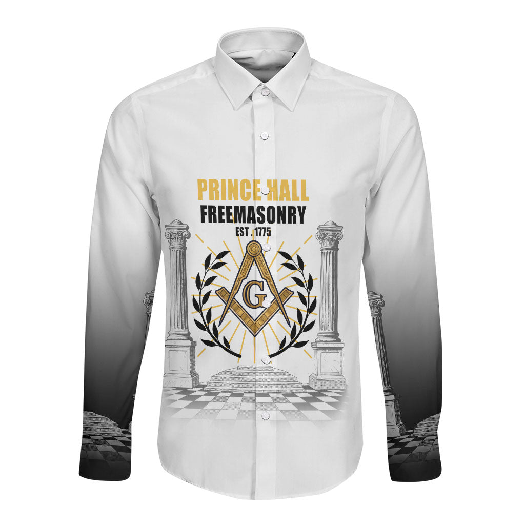 Personalized Prince Hall Freemasonry Long Sleeve Button Shirt Masonic Square And Compass Vintage Gold Pillar Illustration