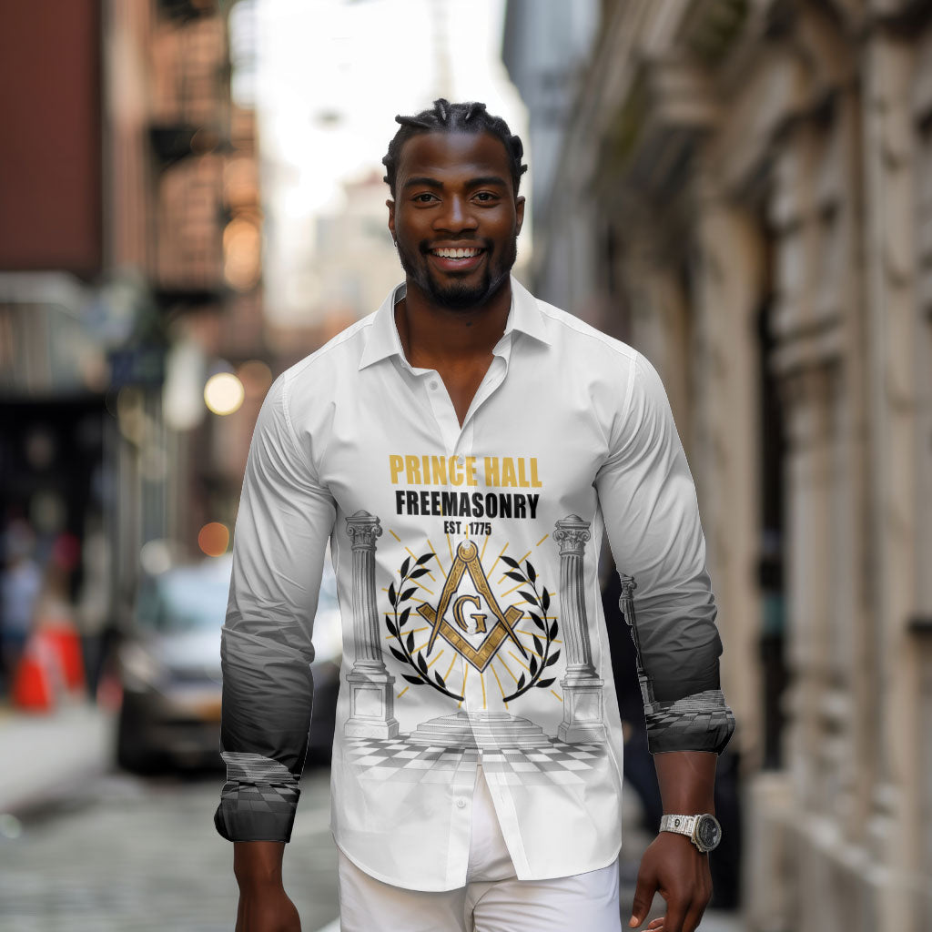 Personalized Prince Hall Freemasonry Long Sleeve Button Shirt Masonic Square And Compass Vintage Gold Pillar Illustration