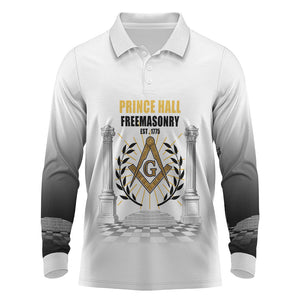 Personalized Prince Hall Freemasonry Long Sleeve Polo Shirt Masonic Square And Compass Vintage Gold Pillar Illustration