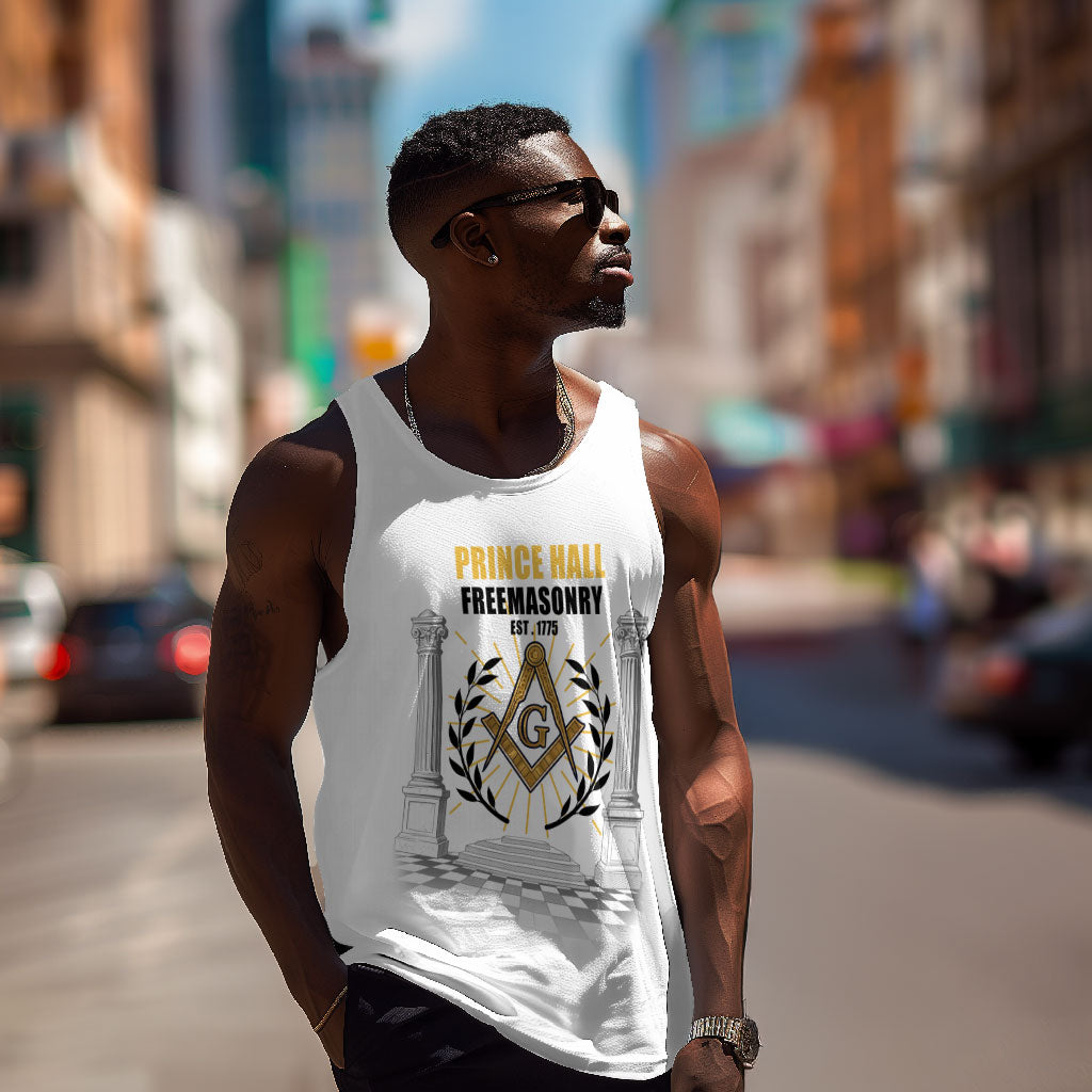Personalized Prince Hall Freemasonry Men Tank Top Masonic Square And Compass Vintage Gold Pillar Illustration