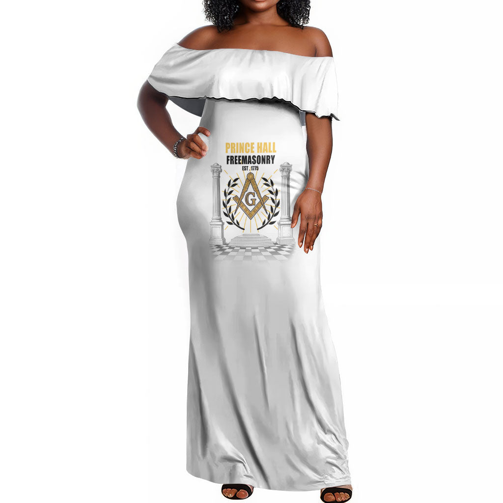 Personalized Prince Hall Freemasonry Off Shoulder Maxi Dress Masonic Square And Compass Vintage Gold Pillar Illustration