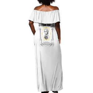 Personalized Prince Hall Freemasonry Off Shoulder Maxi Dress Masonic Square And Compass Vintage Gold Pillar Illustration