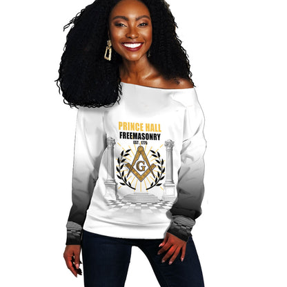 Personalized Prince Hall Freemasonry Off Shoulder Sweater Masonic Square And Compass Vintage Gold Pillar Illustration