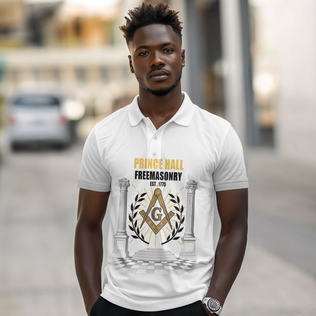 Personalized Prince Hall Freemasonry Polo Shirt Masonic Square And Compass Vintage Gold Pillar Illustration