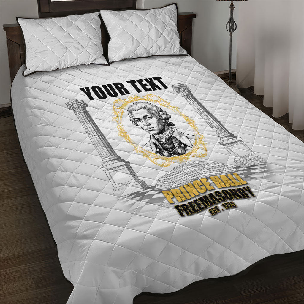 Personalized Prince Hall Freemasonry Quilt Bed Set Masonic Square And Compass Vintage Gold Pillar Illustration