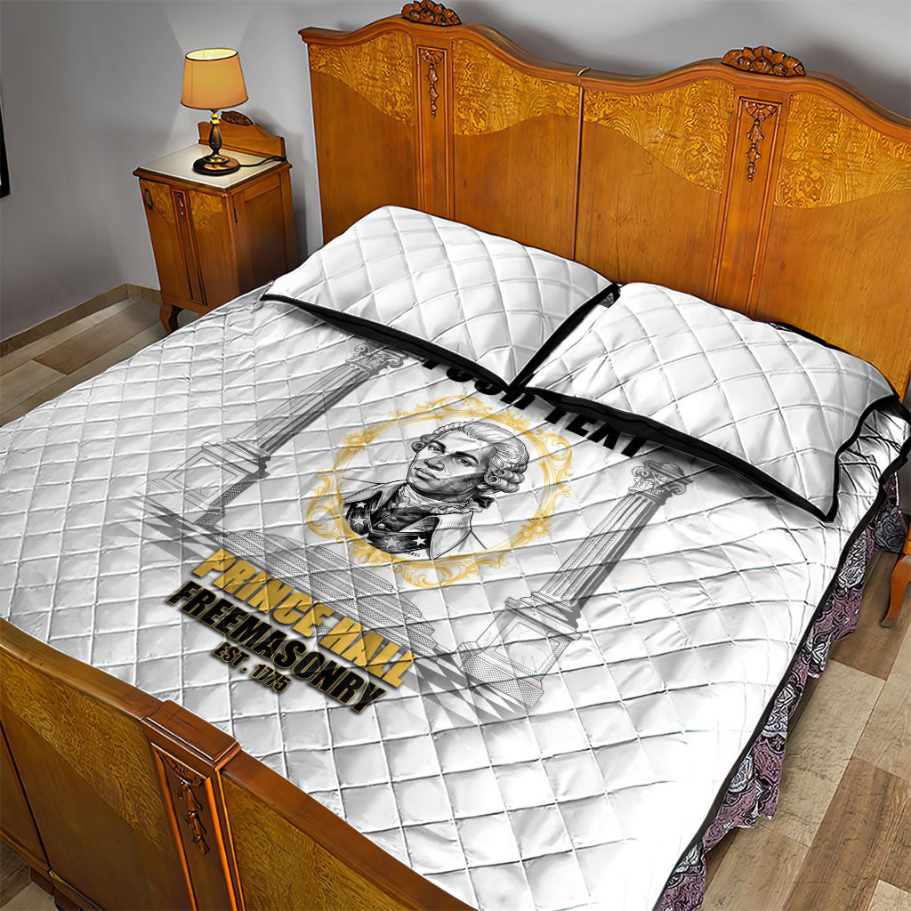 Personalized Prince Hall Freemasonry Quilt Bed Set Masonic Square And Compass Vintage Gold Pillar Illustration