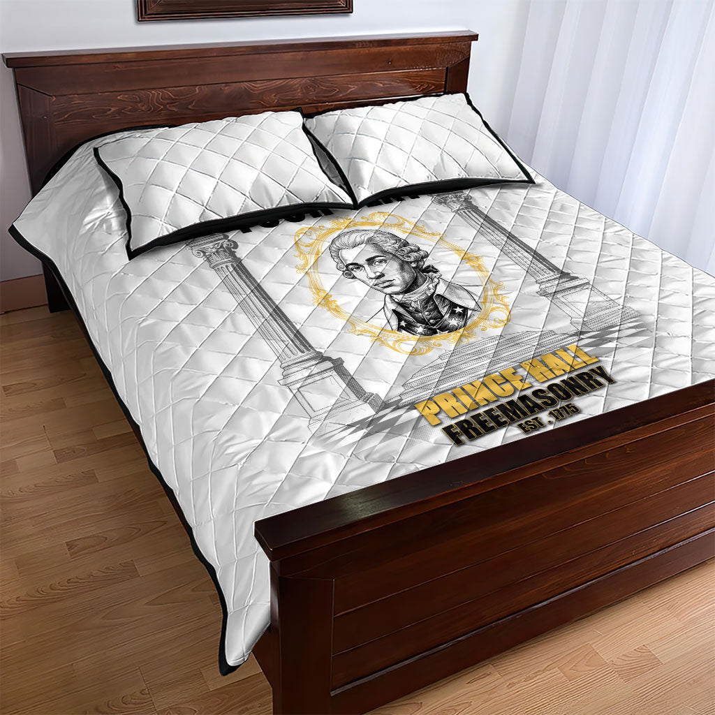 Personalized Prince Hall Freemasonry Quilt Bed Set Masonic Square And Compass Vintage Gold Pillar Illustration