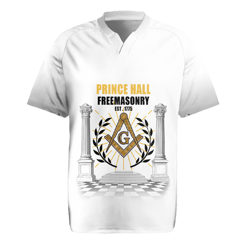 Personalized Prince Hall Freemasonry Rugby Jersey Masonic Square And Compass Vintage Gold Pillar Illustration