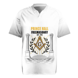 Personalized Prince Hall Freemasonry Rugby Jersey Masonic Square And Compass Vintage Gold Pillar Illustration