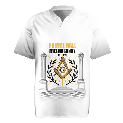Personalized Prince Hall Freemasonry Rugby Jersey Masonic Square And Compass Vintage Gold Pillar Illustration