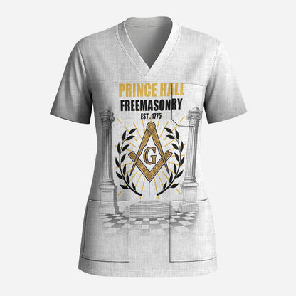 Personalized Prince Hall Freemasonry Scrub Top Masonic Square And Compass Vintage Gold Pillar Illustration