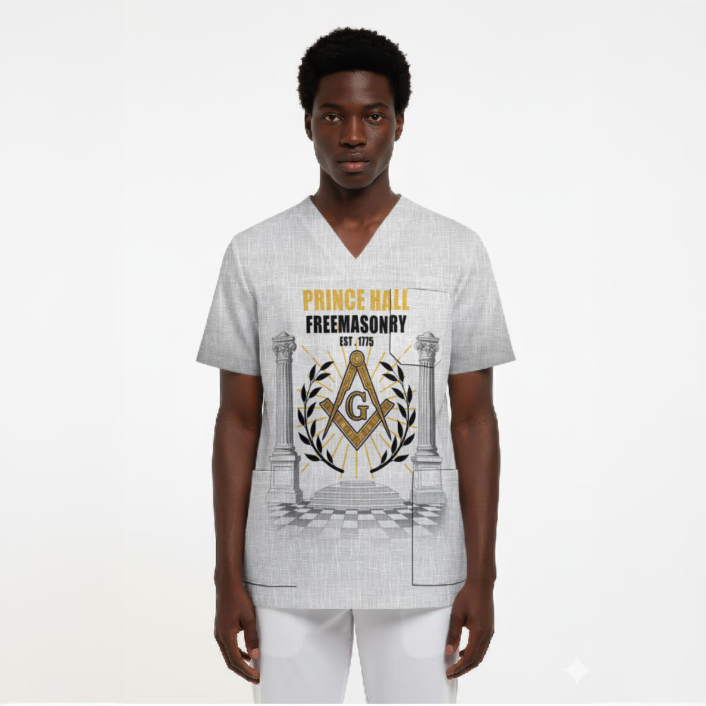 Personalized Prince Hall Freemasonry Scrub Top Masonic Square And Compass Vintage Gold Pillar Illustration