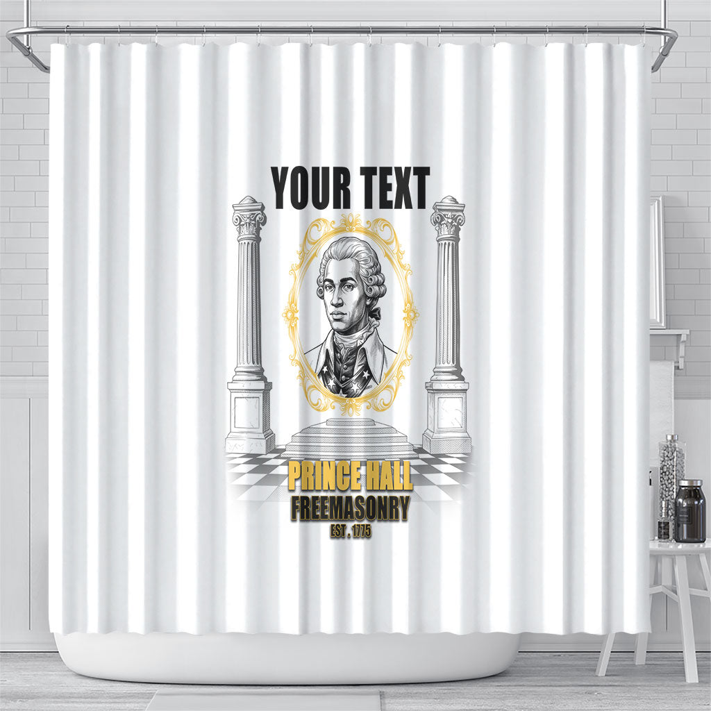 Personalized Prince Hall Freemasonry Shower Curtain Masonic Square And Compass Vintage Gold Pillar Illustration