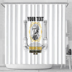 Personalized Prince Hall Freemasonry Shower Curtain Masonic Square And Compass Vintage Gold Pillar Illustration