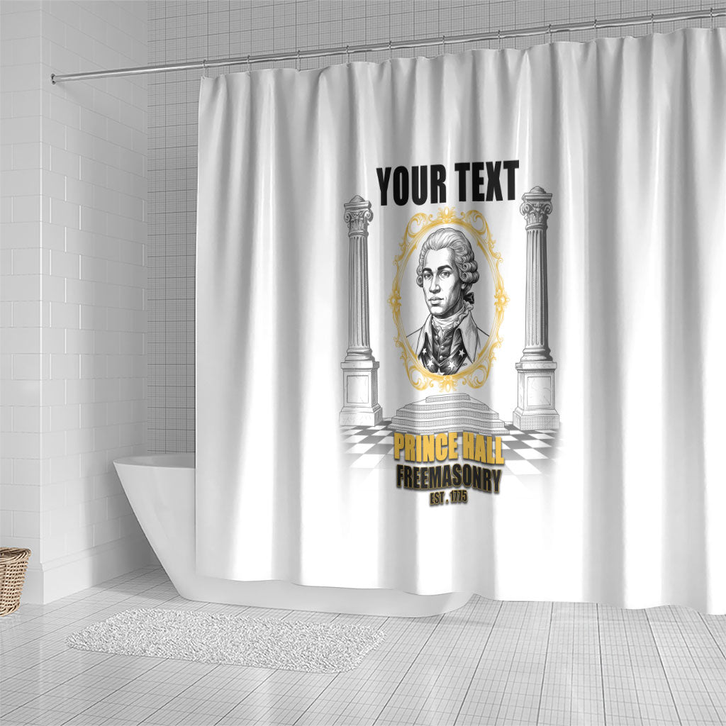 Personalized Prince Hall Freemasonry Shower Curtain Masonic Square And Compass Vintage Gold Pillar Illustration