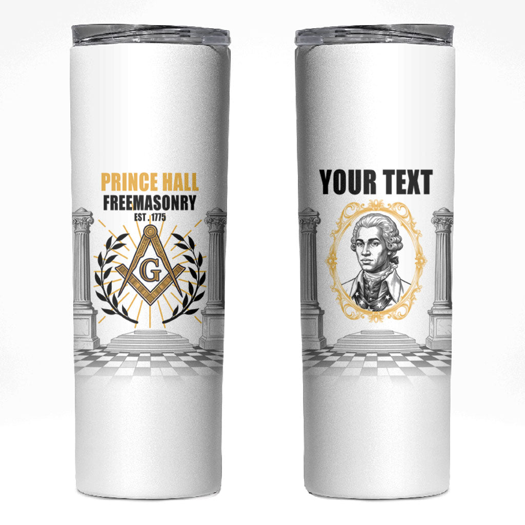 Personalized Prince Hall Freemasonry Skinny Tumbler Masonic Square And Compass Vintage Gold Pillar Illustration
