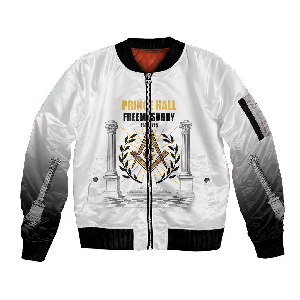 Personalized Prince Hall Freemasonry Sleeve Zip Bomber Jacket Masonic Square And Compass Vintage Gold Pillar Illustration