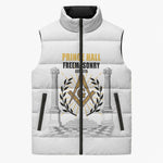 Personalized Prince Hall Freemasonry Sleeveless Puffer Jacket Masonic Square And Compass Vintage Gold Pillar Illustration