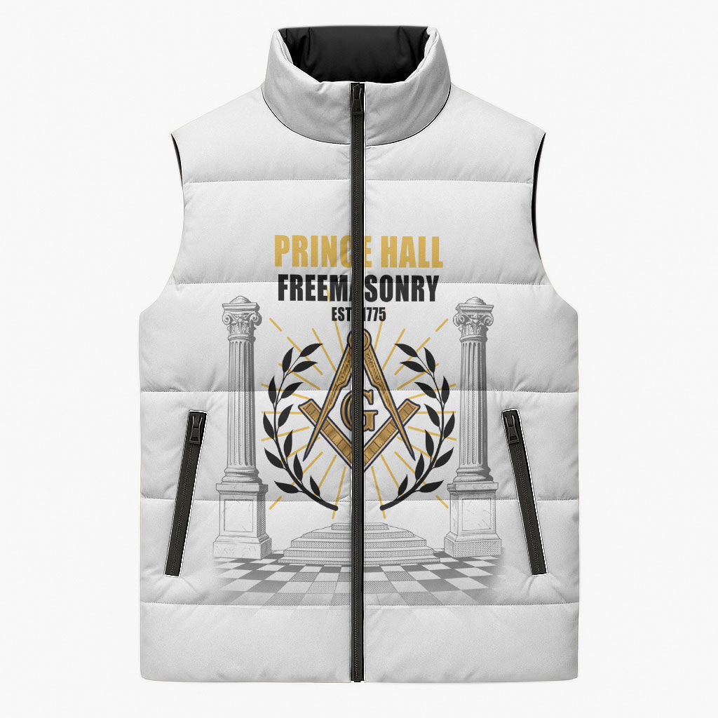 Personalized Prince Hall Freemasonry Sleeveless Puffer Jacket Masonic Square And Compass Vintage Gold Pillar Illustration