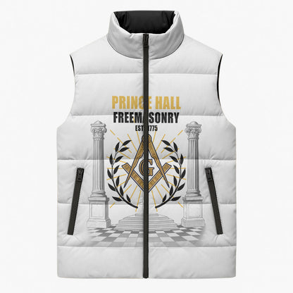 Personalized Prince Hall Freemasonry Sleeveless Puffer Jacket Masonic Square And Compass Vintage Gold Pillar Illustration