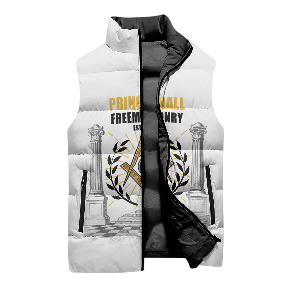 Personalized Prince Hall Freemasonry Sleeveless Puffer Jacket Masonic Square And Compass Vintage Gold Pillar Illustration