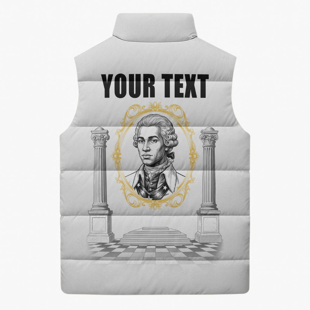 Personalized Prince Hall Freemasonry Sleeveless Puffer Jacket Masonic Square And Compass Vintage Gold Pillar Illustration