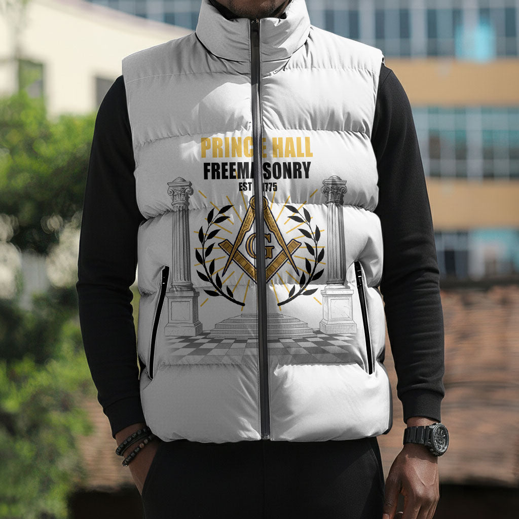 Personalized Prince Hall Freemasonry Sleeveless Puffer Jacket Masonic Square And Compass Vintage Gold Pillar Illustration