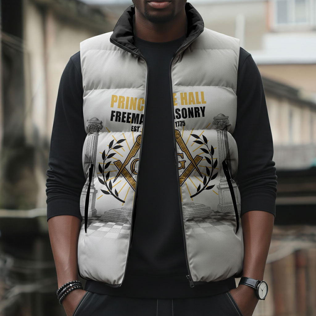 Personalized Prince Hall Freemasonry Sleeveless Puffer Jacket Masonic Square And Compass Vintage Gold Pillar Illustration