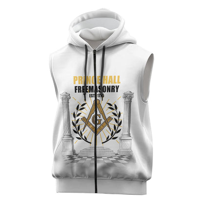 Personalized Prince Hall Freemasonry Sleeveless Zip Hoodie Masonic Square And Compass Vintage Gold Pillar Illustration