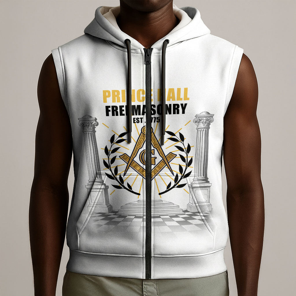 Personalized Prince Hall Freemasonry Sleeveless Zip Hoodie Masonic Square And Compass Vintage Gold Pillar Illustration