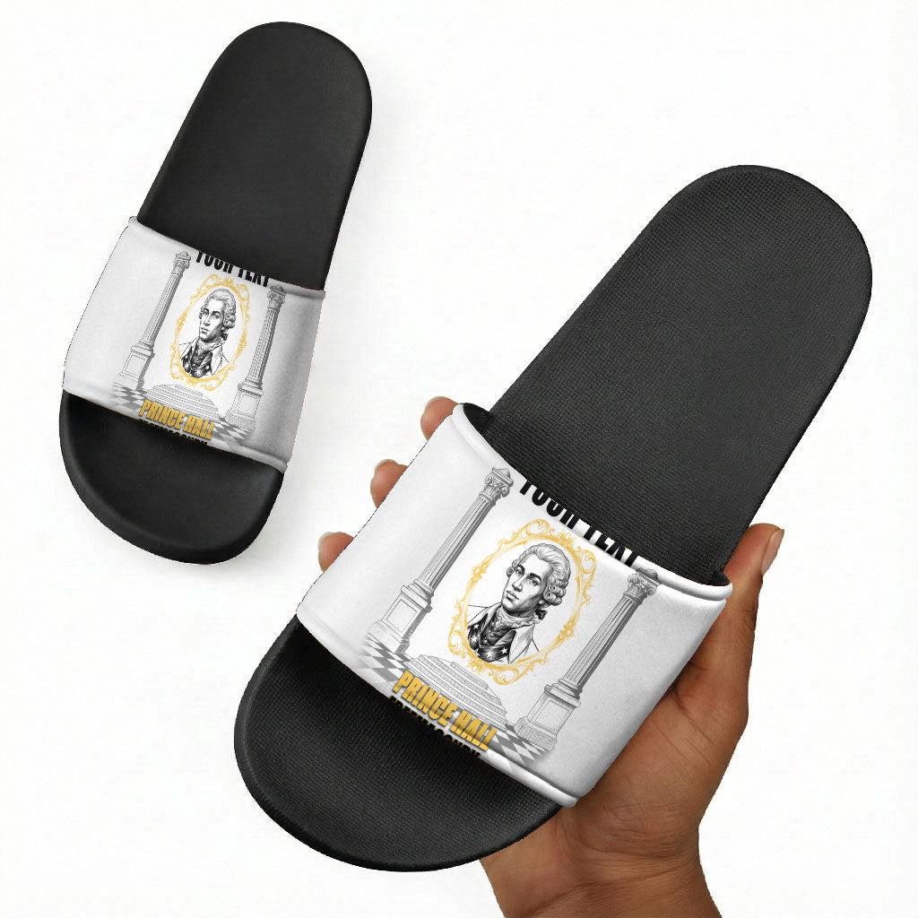 Personalized Prince Hall Freemasonry Slide Sandals Masonic Square And Compass Vintage Gold Pillar Illustration