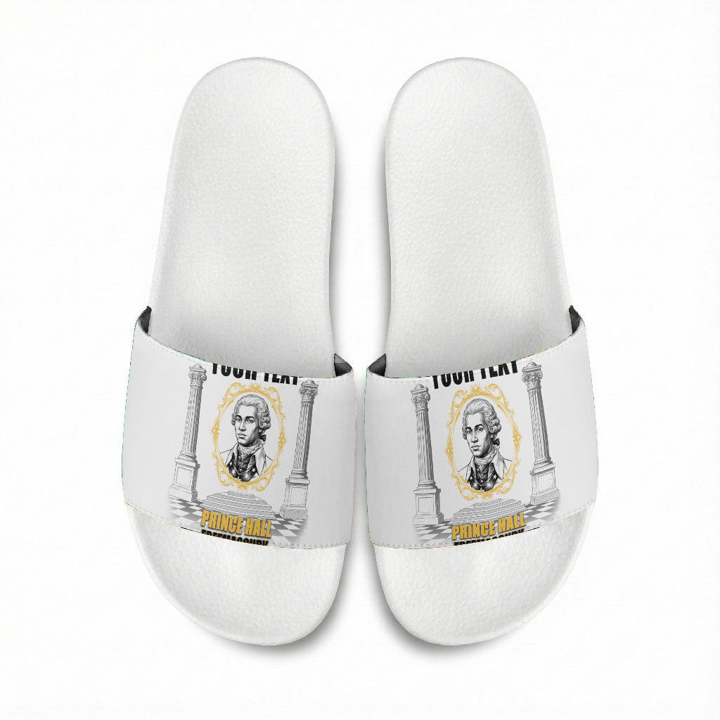 Personalized Prince Hall Freemasonry Slide Sandals Masonic Square And Compass Vintage Gold Pillar Illustration