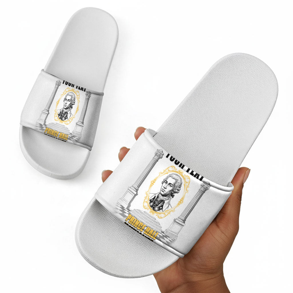 Personalized Prince Hall Freemasonry Slide Sandals Masonic Square And Compass Vintage Gold Pillar Illustration