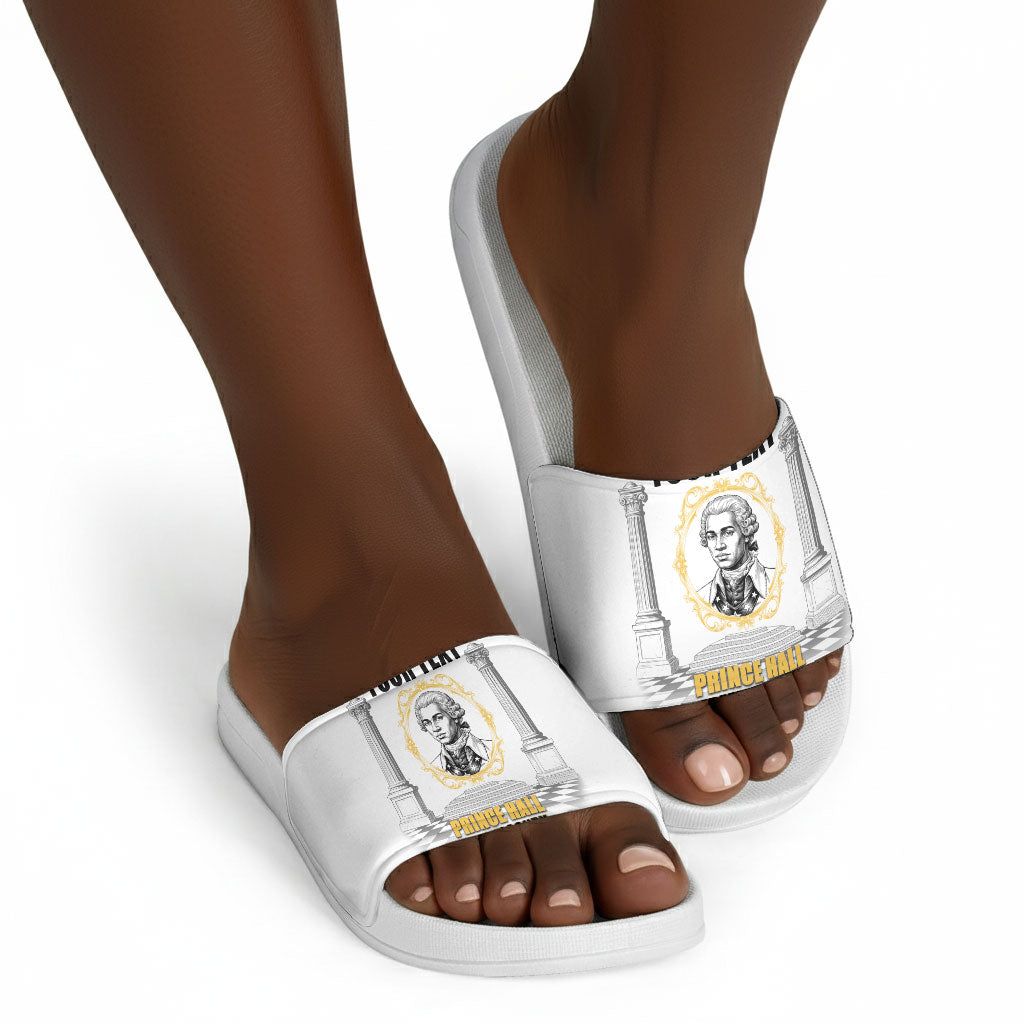 Personalized Prince Hall Freemasonry Slide Sandals Masonic Square And Compass Vintage Gold Pillar Illustration