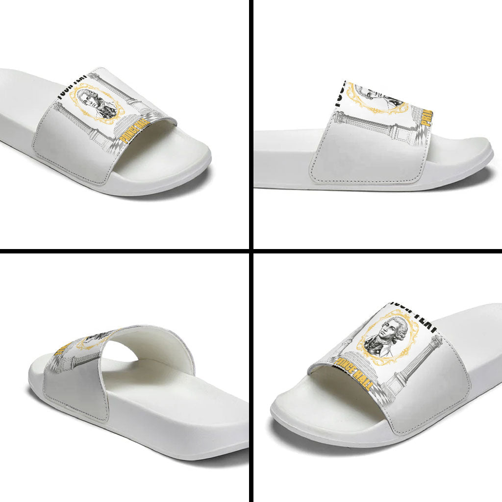 Personalized Prince Hall Freemasonry Slide Sandals Masonic Square And Compass Vintage Gold Pillar Illustration